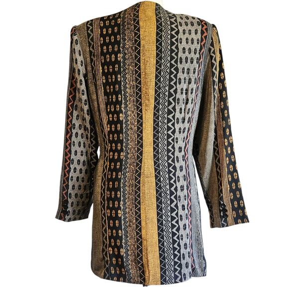 Vtg Silk Jacket Medium Black Tribal Bohemian Long Blazer Deadstock 80s Office - Picture 2 of 9